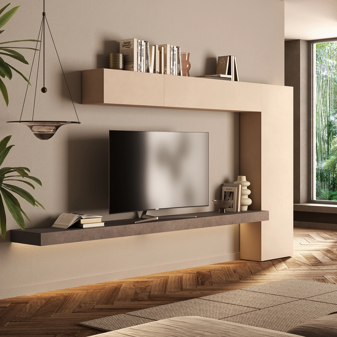 Parete attrezzata moderna, L.330 H.186, Bronzo e Cashmere