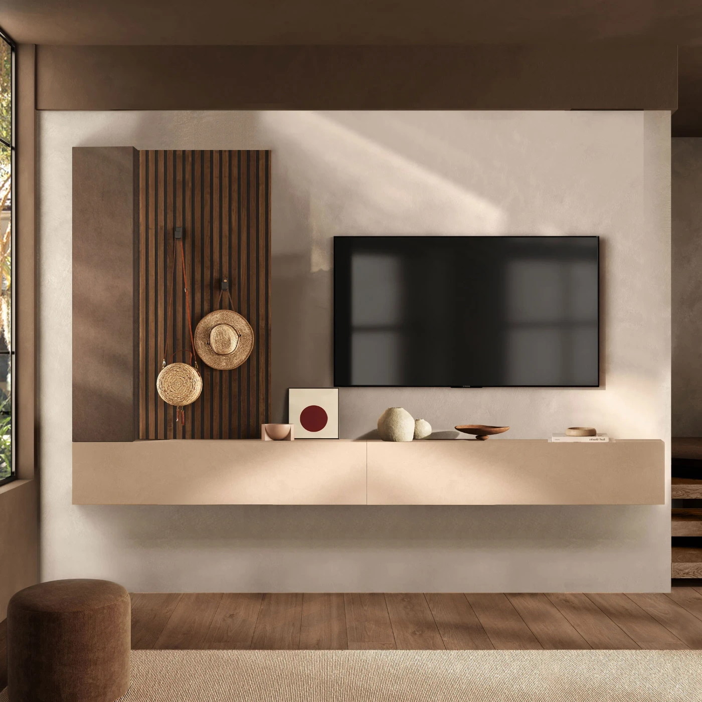 Parete attrezzata sospesa, L.276 H.170, Bronzo, Cashmere e Mercure cannettato