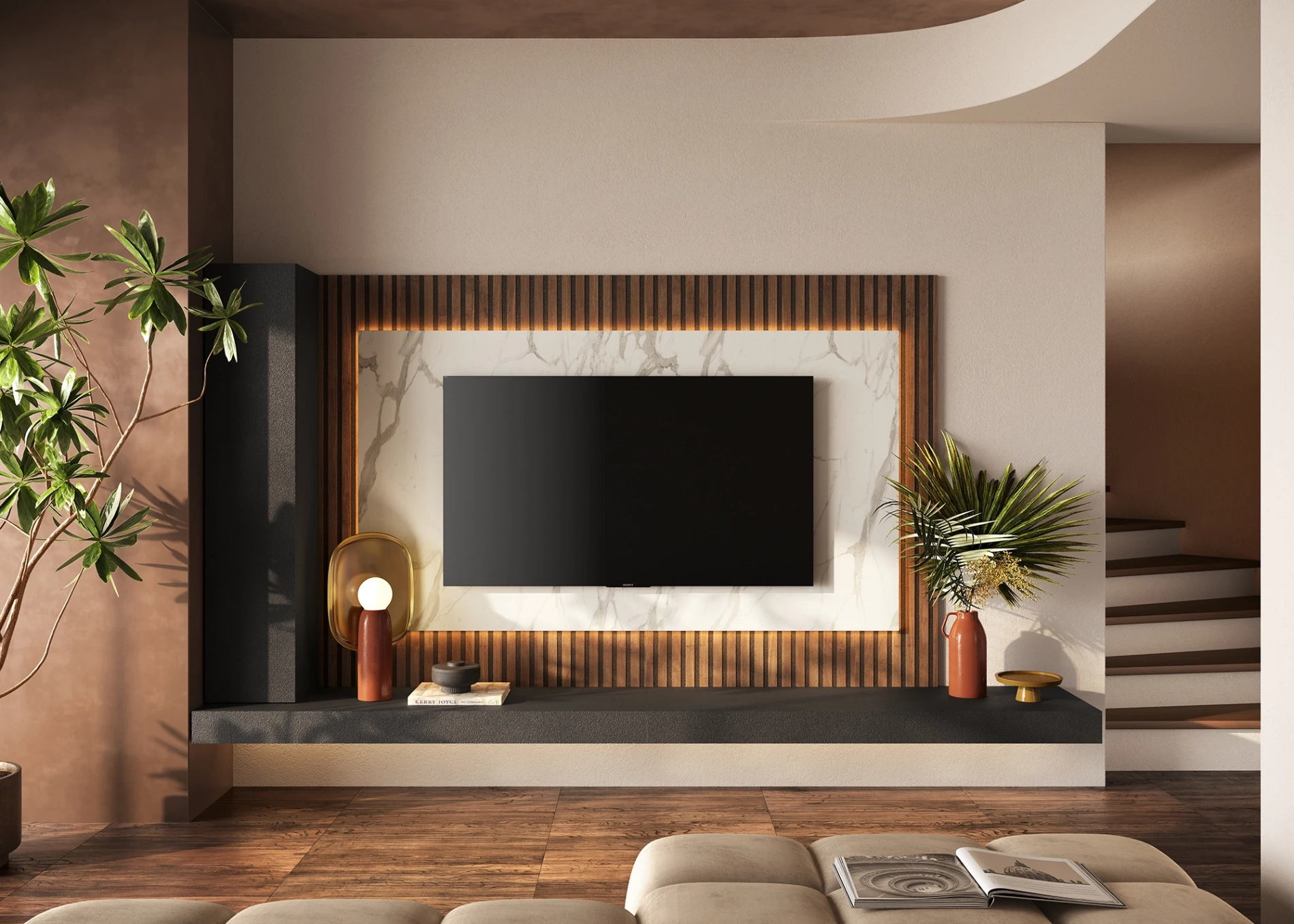 Parete attrezzata con pannello tv Marmo bianco, Lava e Mercure cannettato