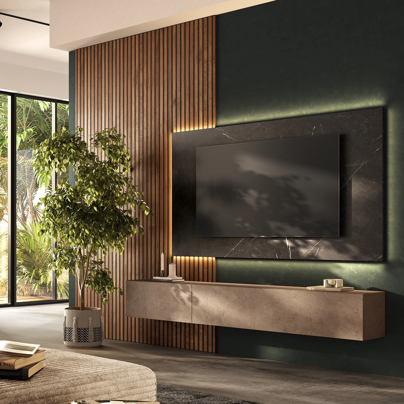 Parete attrezzata con pannello tv e boiserie, Marmo nero, Mercure cannettato e Bronzo