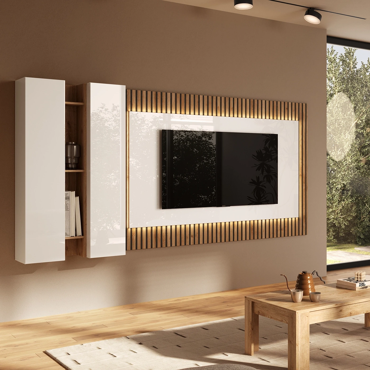 Parete attrezzata sospesa con pannello tv, Bianco e Cadiz cannettato