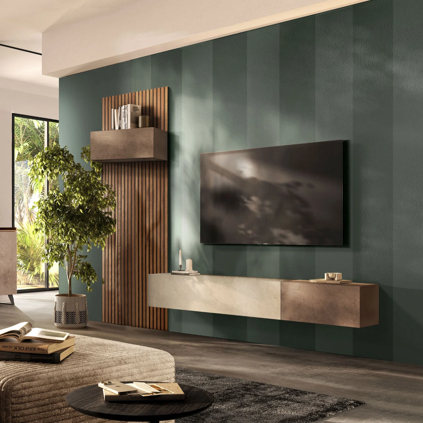 Parete attrezzata con ribalte e boiserie, Bronzo, Argilla e Mercure cannettato