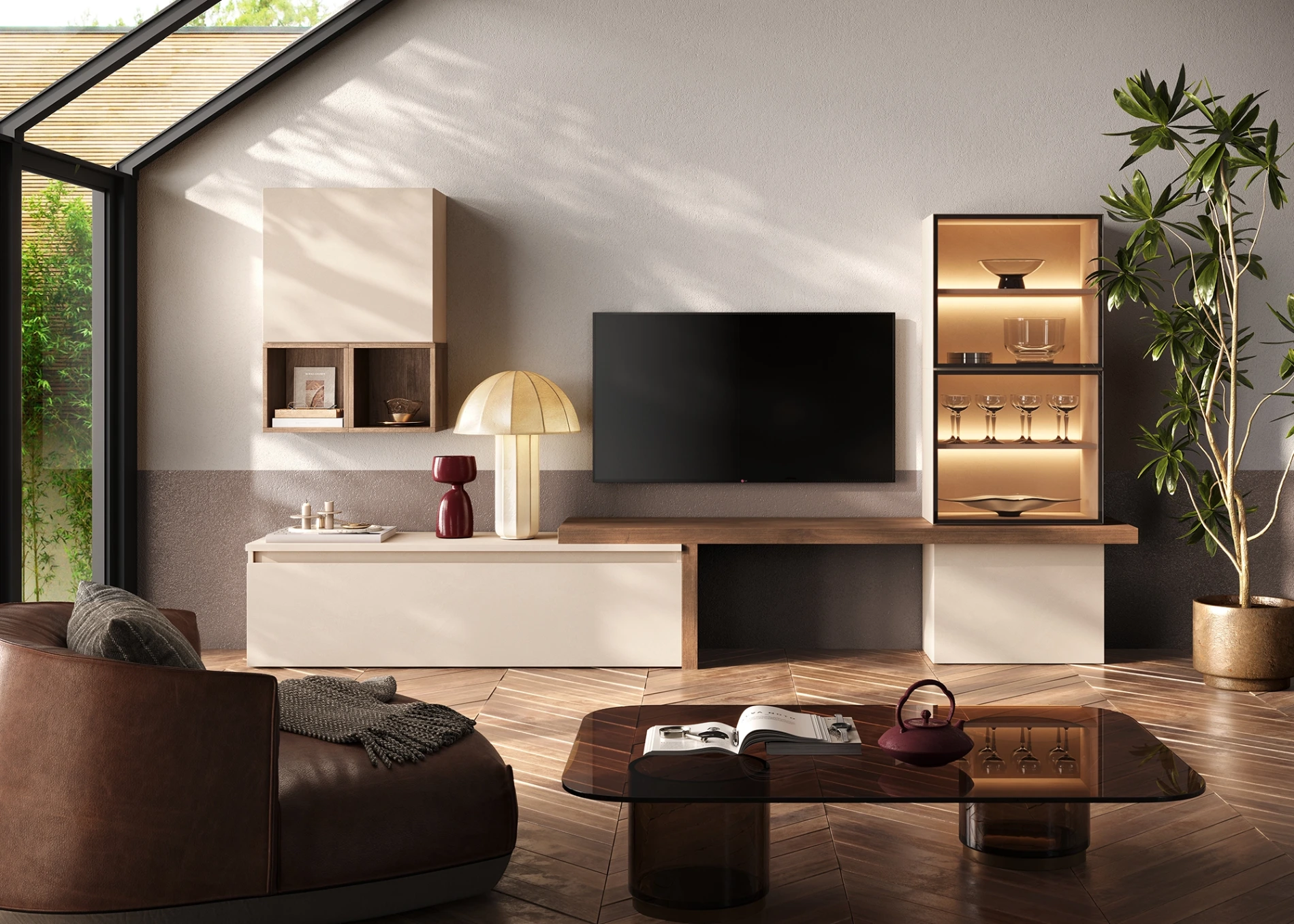 Parete attrezzata con cubi ante vetro, L.279 H.150, Mercure e Cashmere