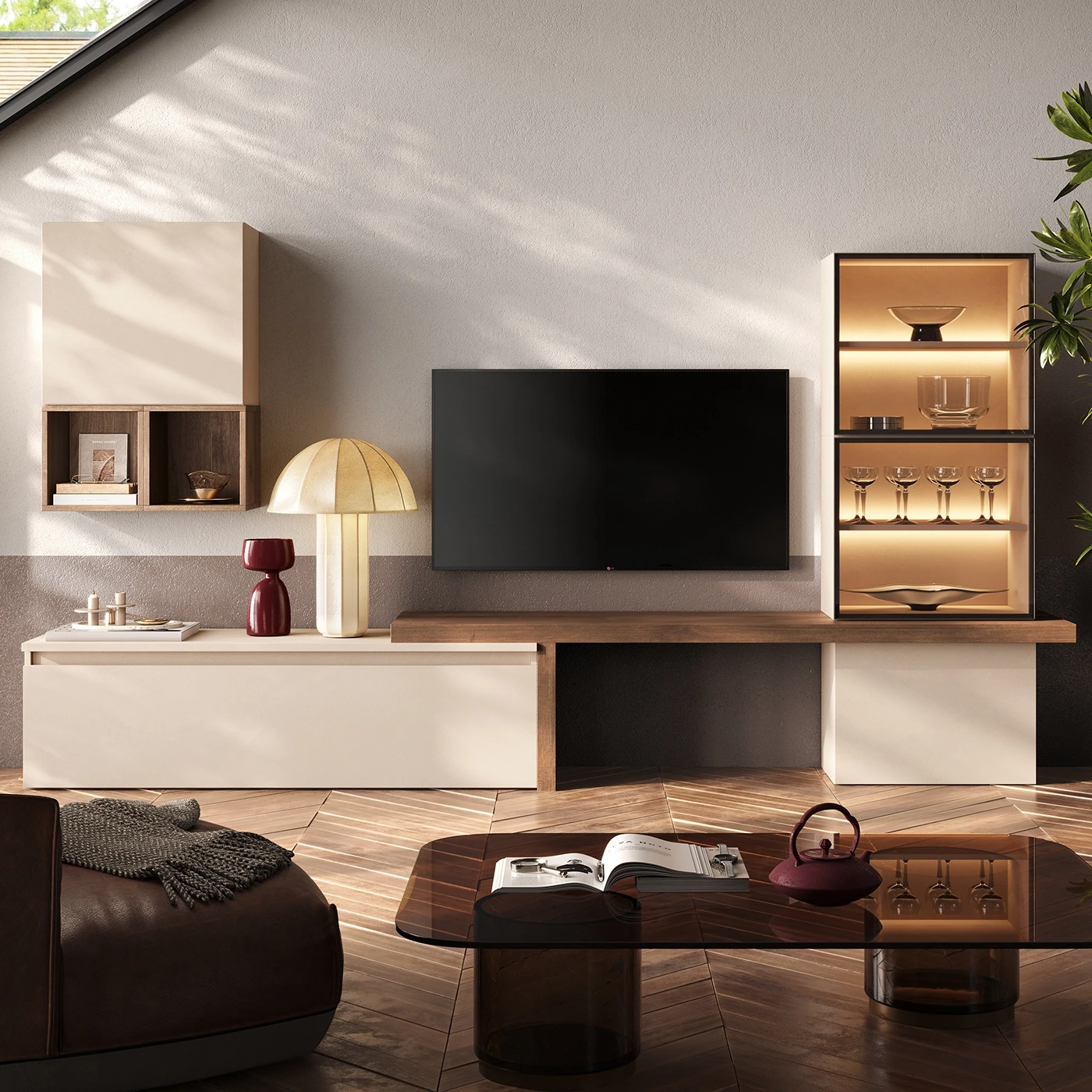 Parete attrezzata con cubi ante vetro, L.279 H.150, Mercure e Cashmere