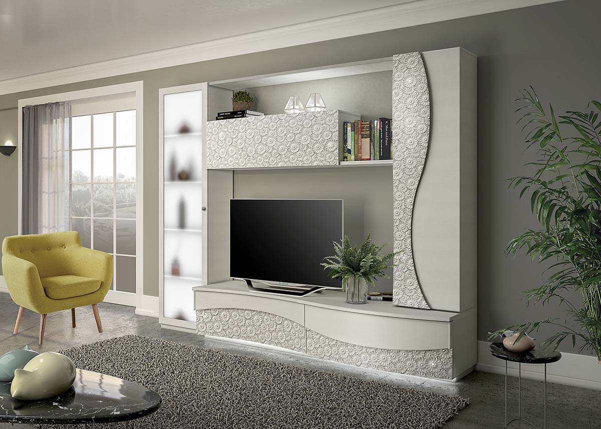 Parete attrezzata contemporanea con serigrafie floreali, Bianco