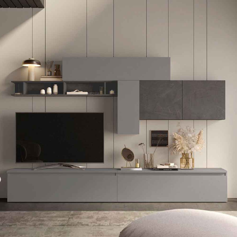 Parete attrezzata L.276 cm, finitura Ardesia e Piombo