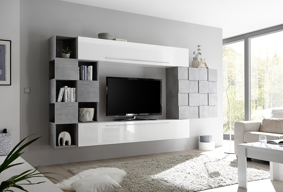 Pareti design moderno, arredamento pareti attrezzate bianco lucido e beton con pensile Miss