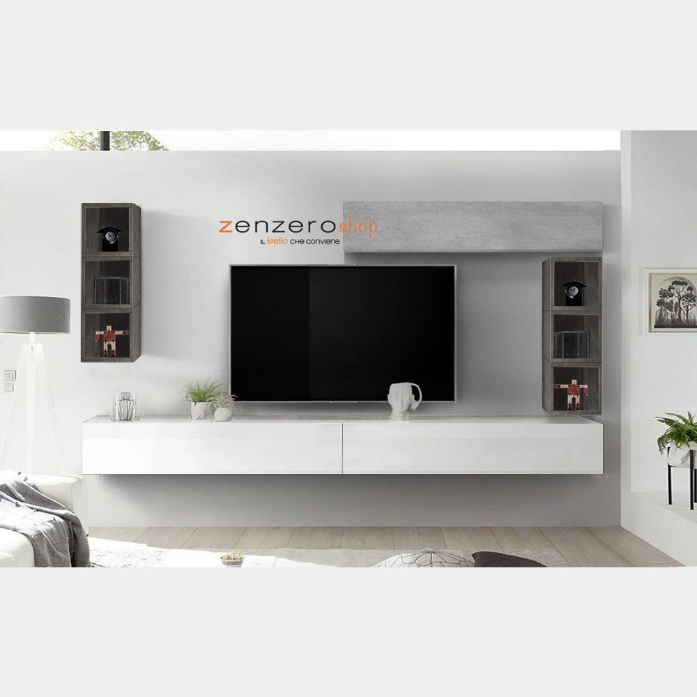 Parete attrezzata sospesa con vani a giorno, Beton e Bianco Lucido