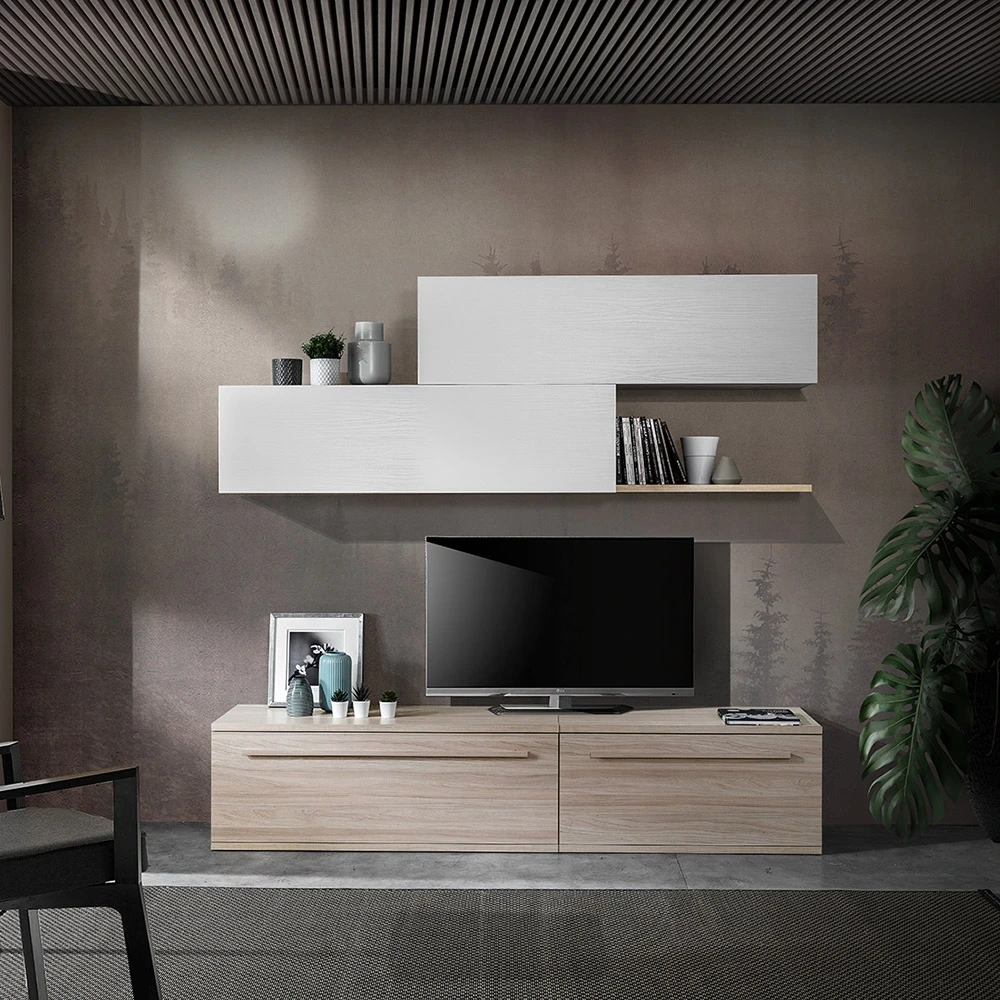 Parete attrezzata Bianco frassino e Cemento, con base e pensili Zenzero Shop