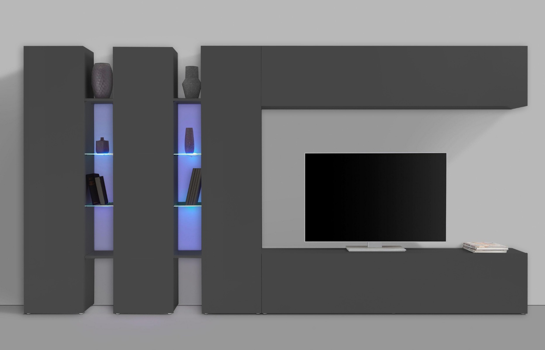 Conveniente Parete attrezzata L.340 cm, finitura Antracite lucido, Made in Italy