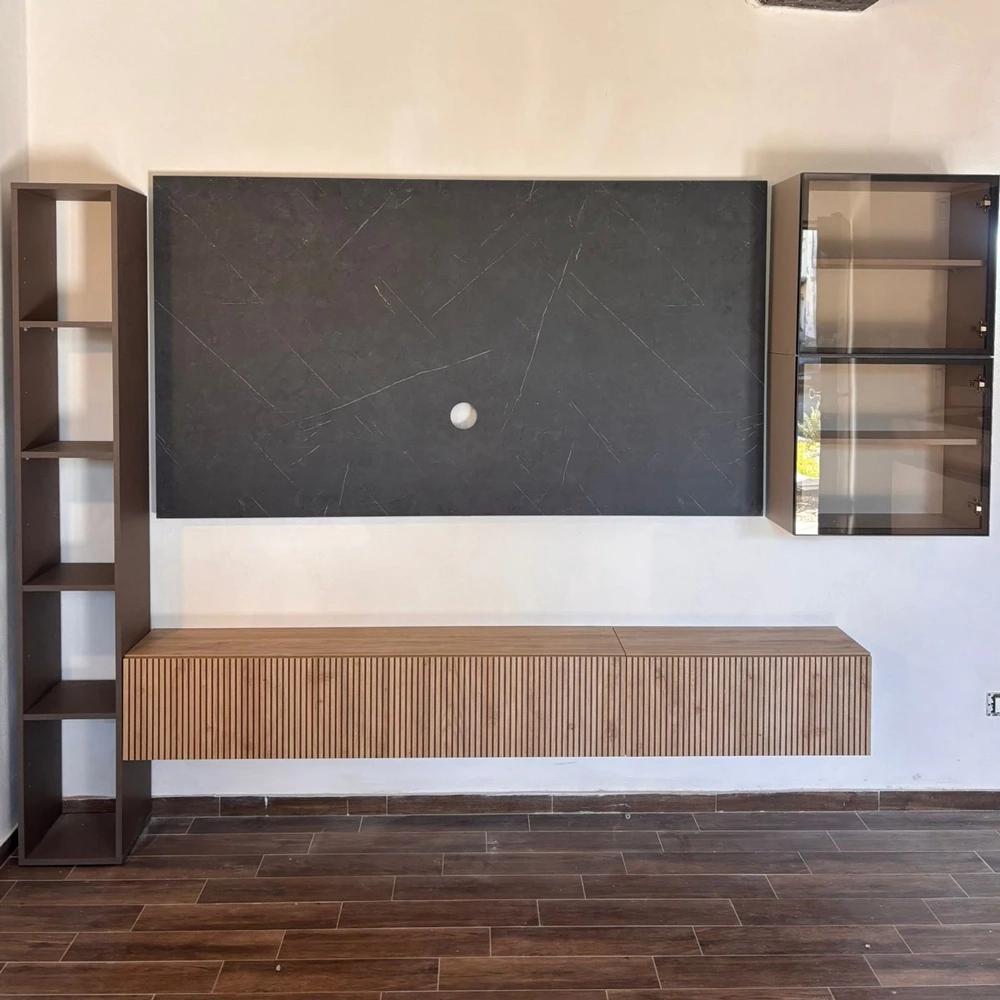 Parete attrezzata con pannello tv, Bronzo, Argilla, Cadiz Cannettato ed effetto Marmo nero