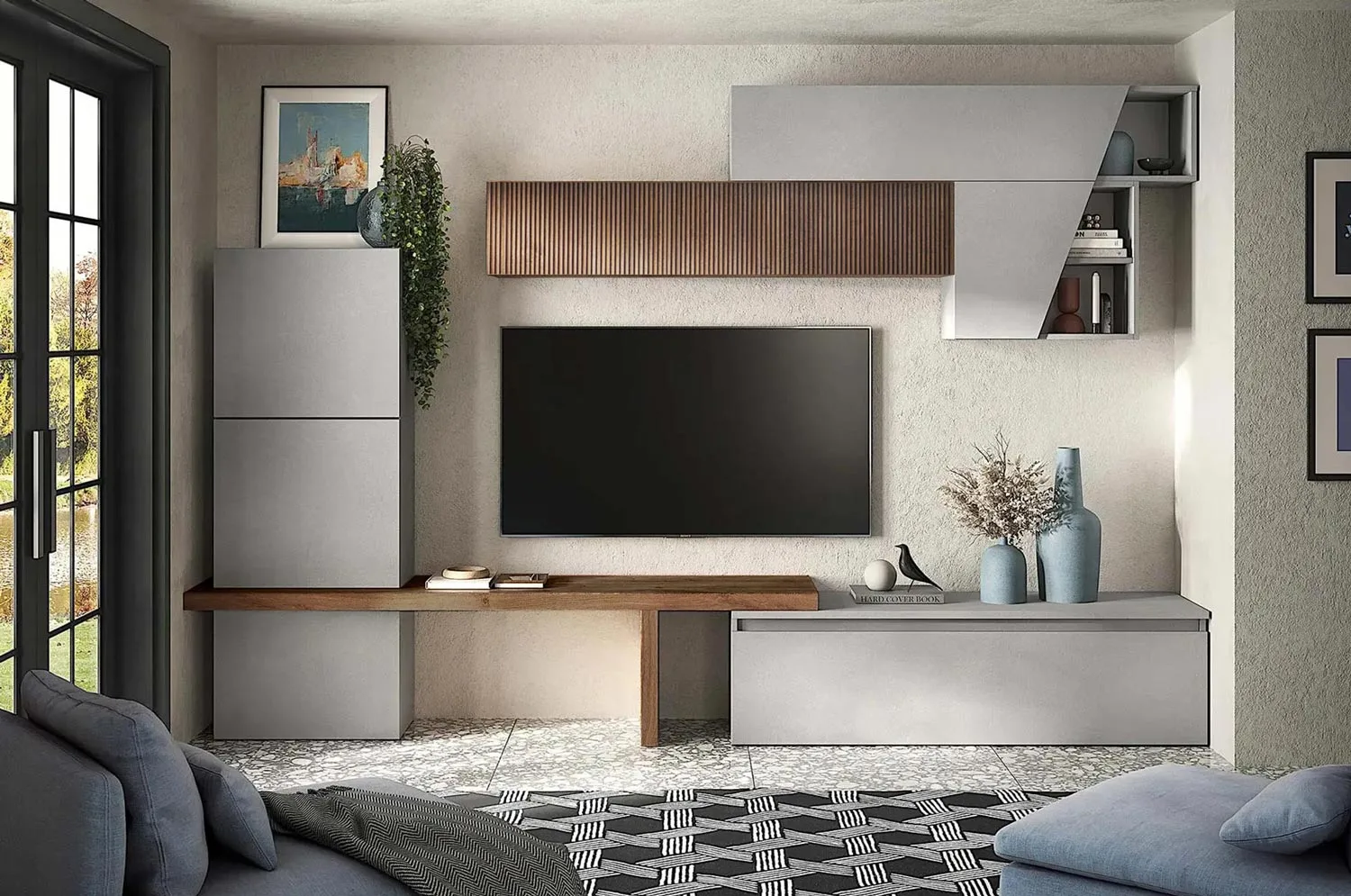 Aggiungi al carrello Parete attrezzata 305x40x210 h cm, Gesso e Mercure cannettato, collezione Logica