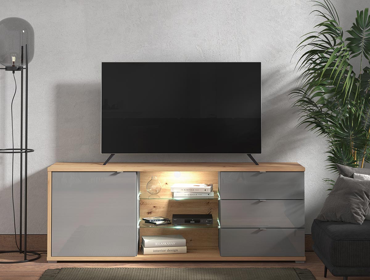 Mobile tv con cassetti, due ripiani 1 anta, finitura Rovere e vetro Grigio