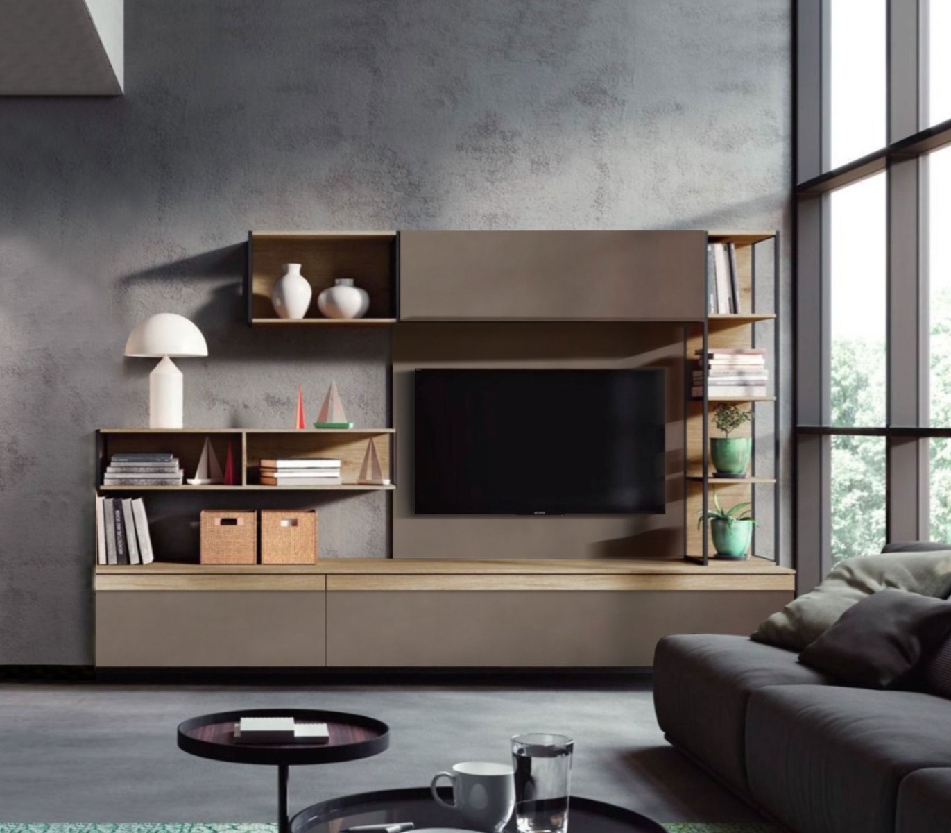 Parete attrezzata stile industry in finitura Bronzo e Rovere decapato