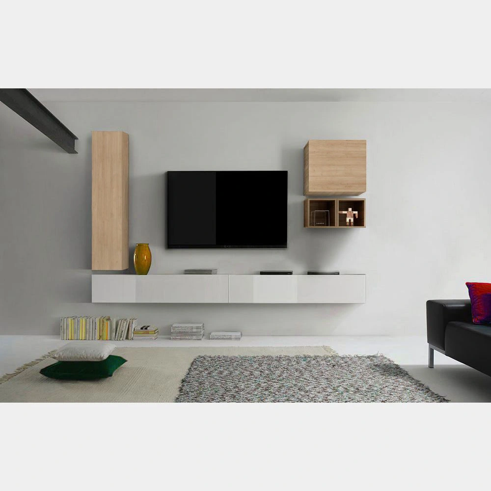 Soggiorno Zenzero, parete attrezzata bianco laccato, rovere miele e cadiz, con vani a giorno