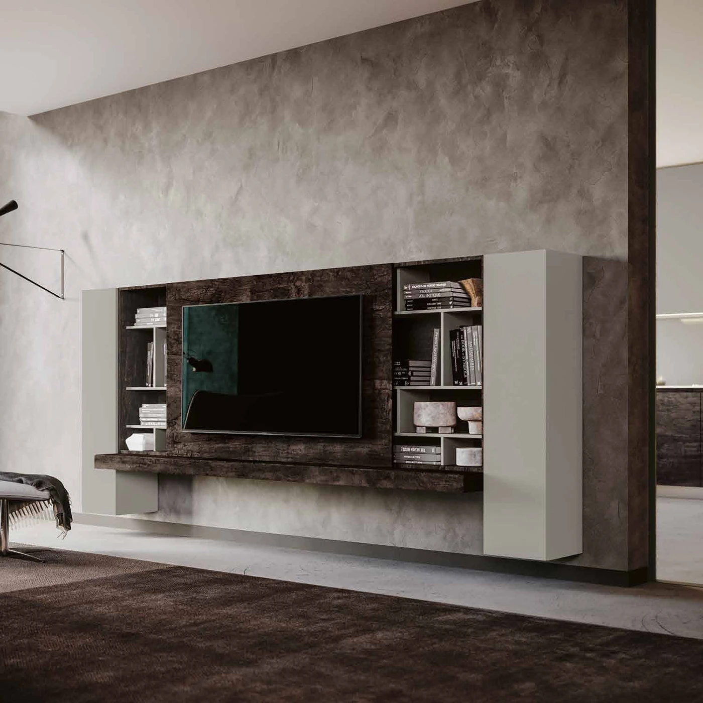 parete con pannello porta tv scorrevole