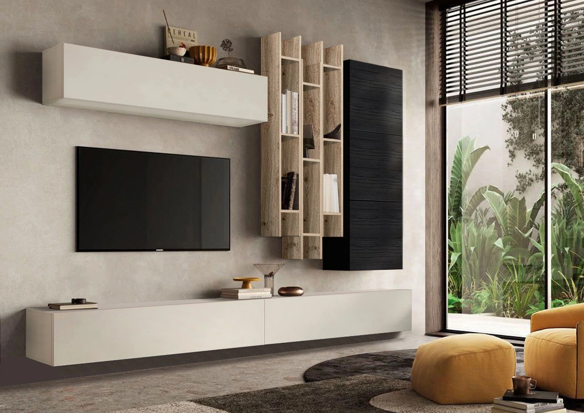 Parete attrezzata sospesa Cadiz, Cashmere e Nero frassino