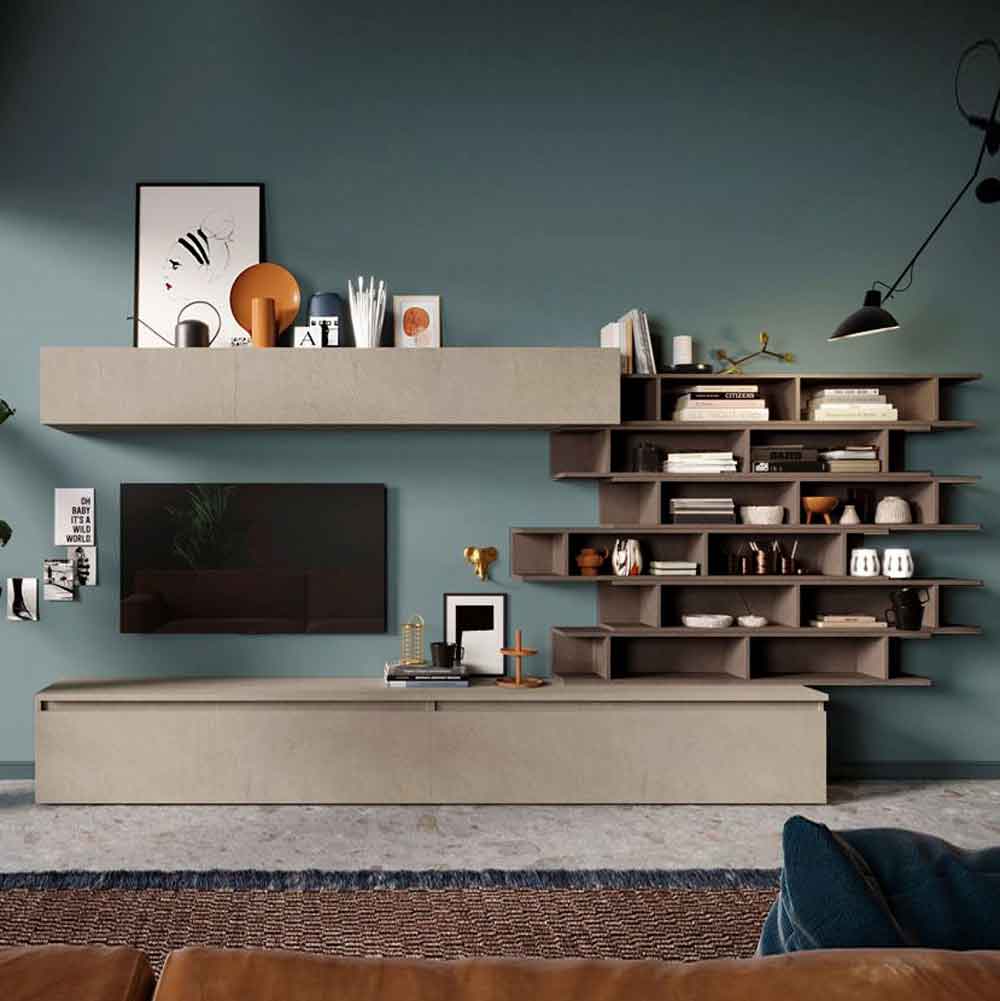 Parete attrezzata di design L.276 con libreria, finitura Argilla e Bronzo 