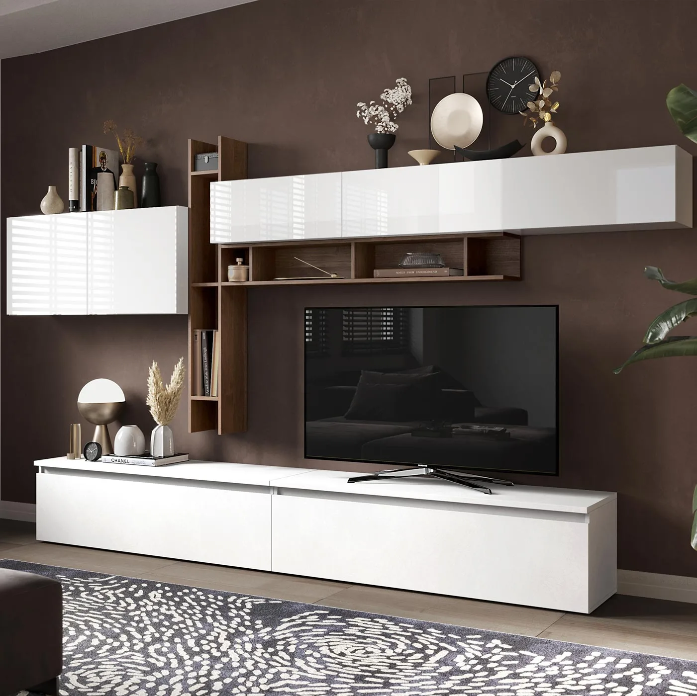 Parete attrezzata Logica con base, pensili e librerie, Bianco lucido e Mercure, L.336 Zenzero Shop