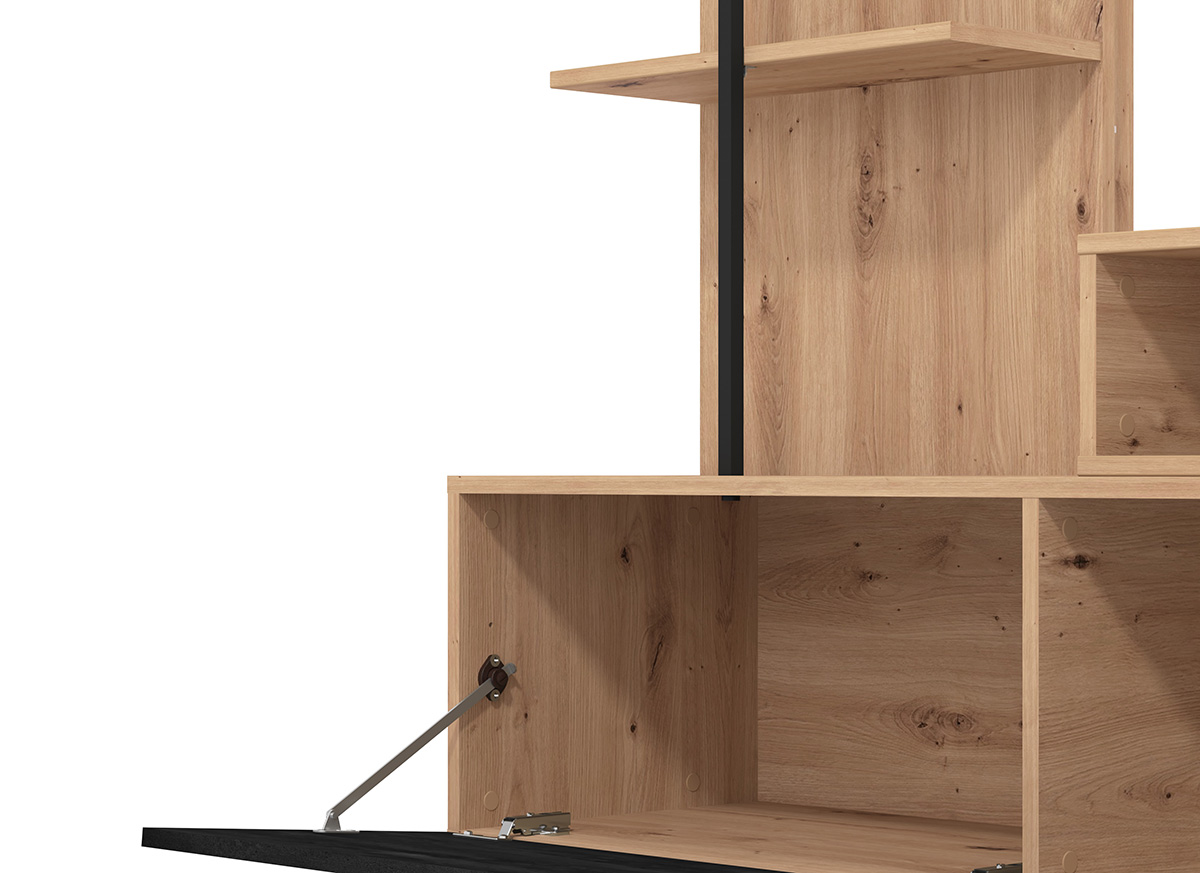 Parete moderna con ribalta e libreria, finitura Rovere e Carbone