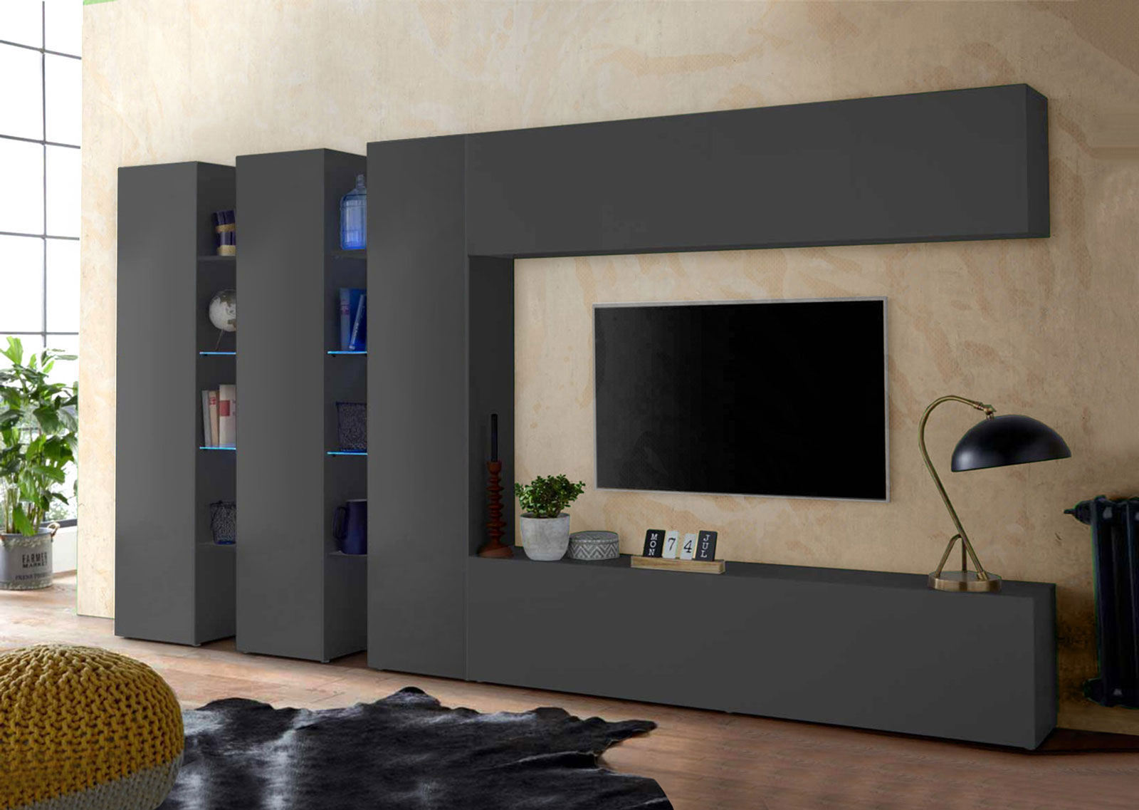 Conveniente Parete attrezzata L.340 cm, finitura Antracite lucido, Made in Italy