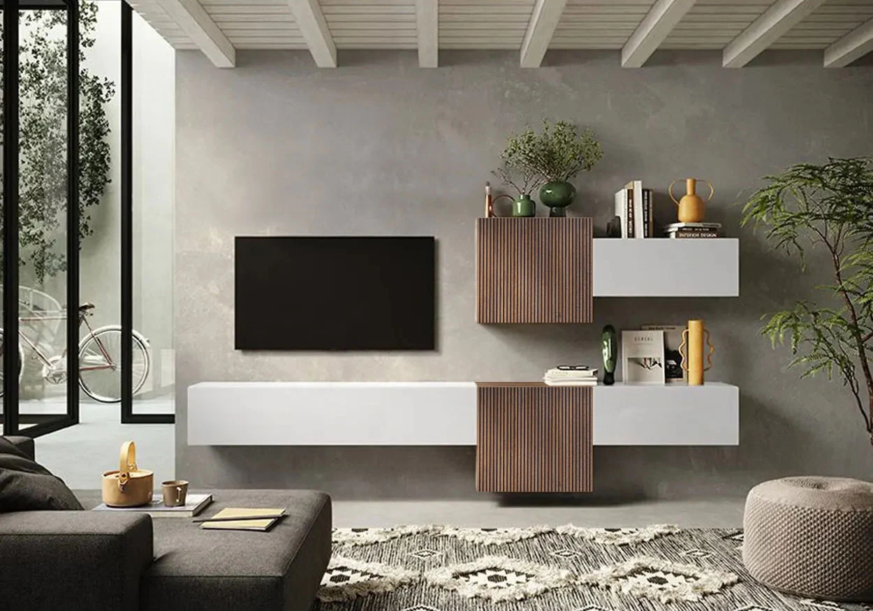 Aggiungi al carrello Pareti attrezzate 262x30x190 h cm, Bianco lucido e Mercure cannettato, collezione Logica