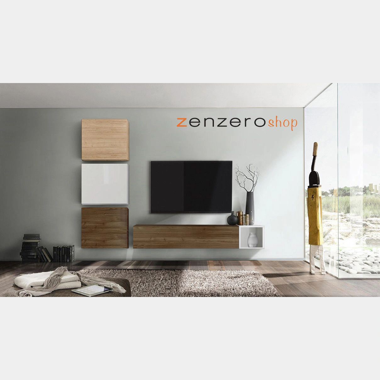 Parete attrezzata moderna scontata, finitura Noce Dark, Cadiz e Bianco