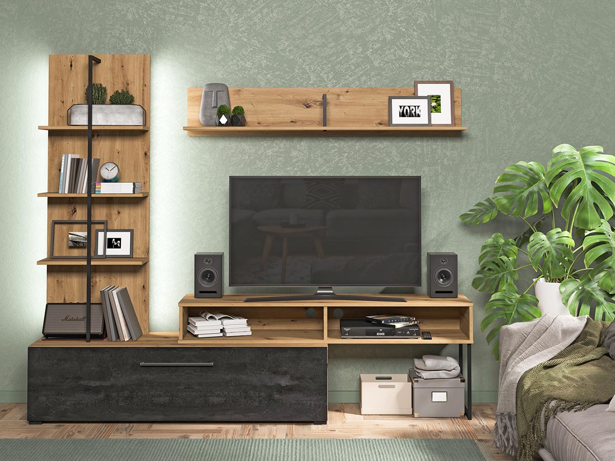 Conveniente Parete moderna con ribalta e libreria, finitura Rovere 