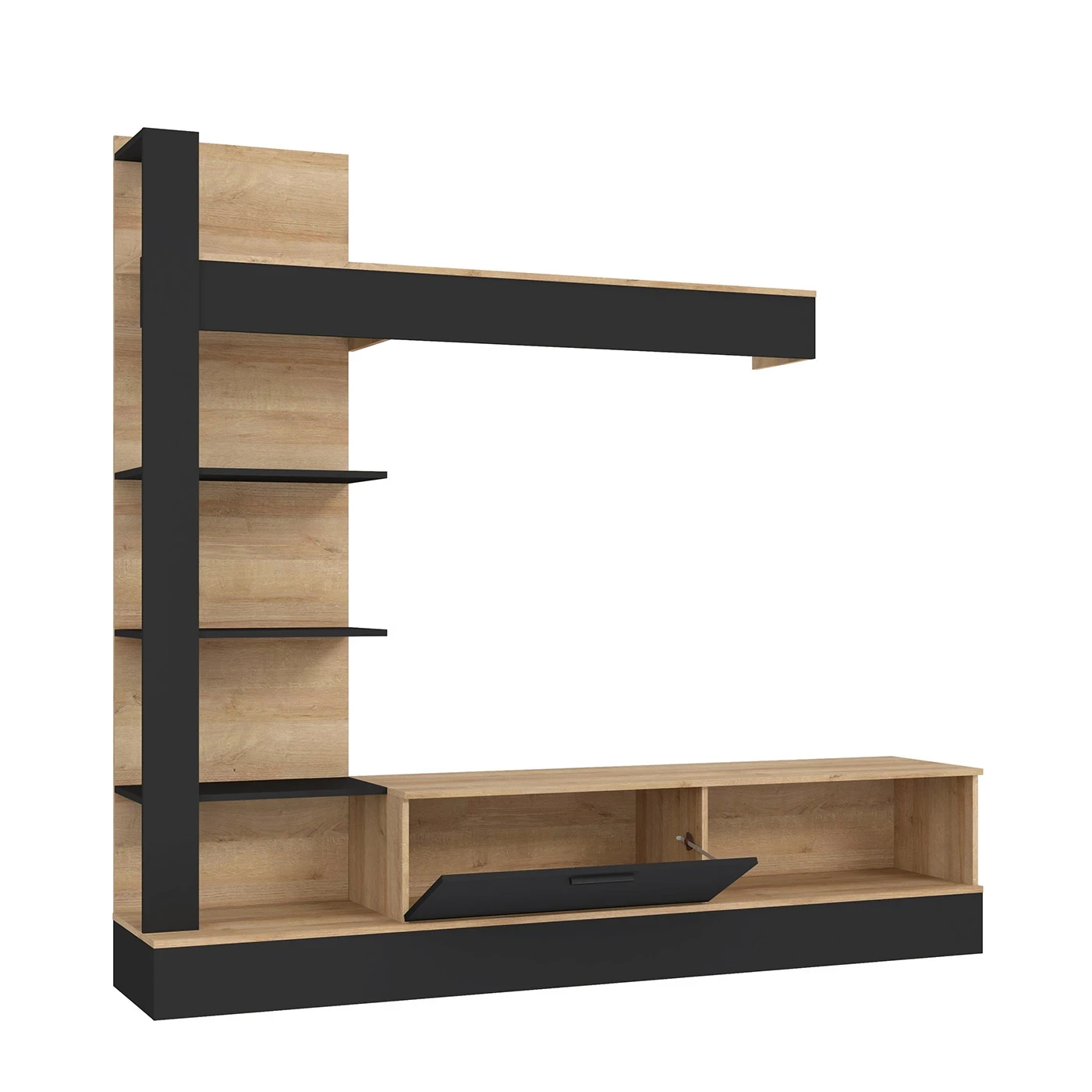 parete attrezzata nera e rovere