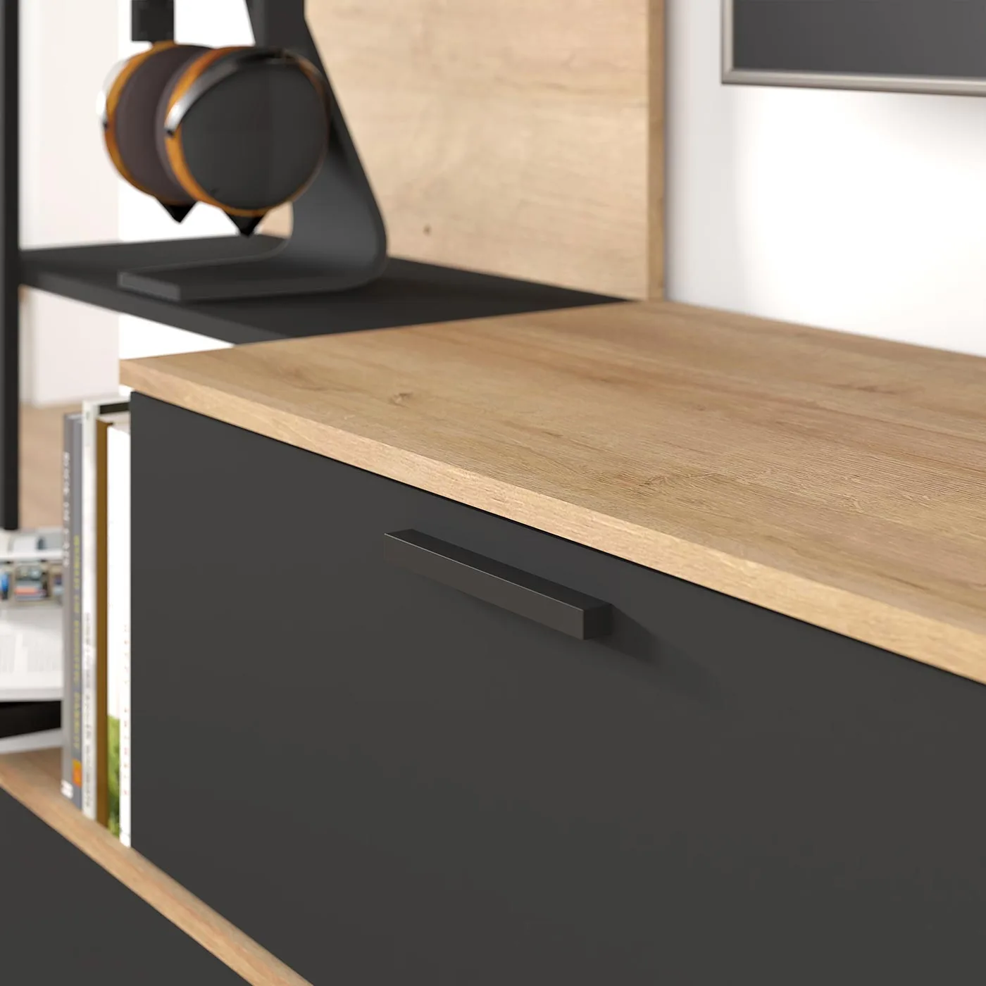 parete attrezzata nera e rovere