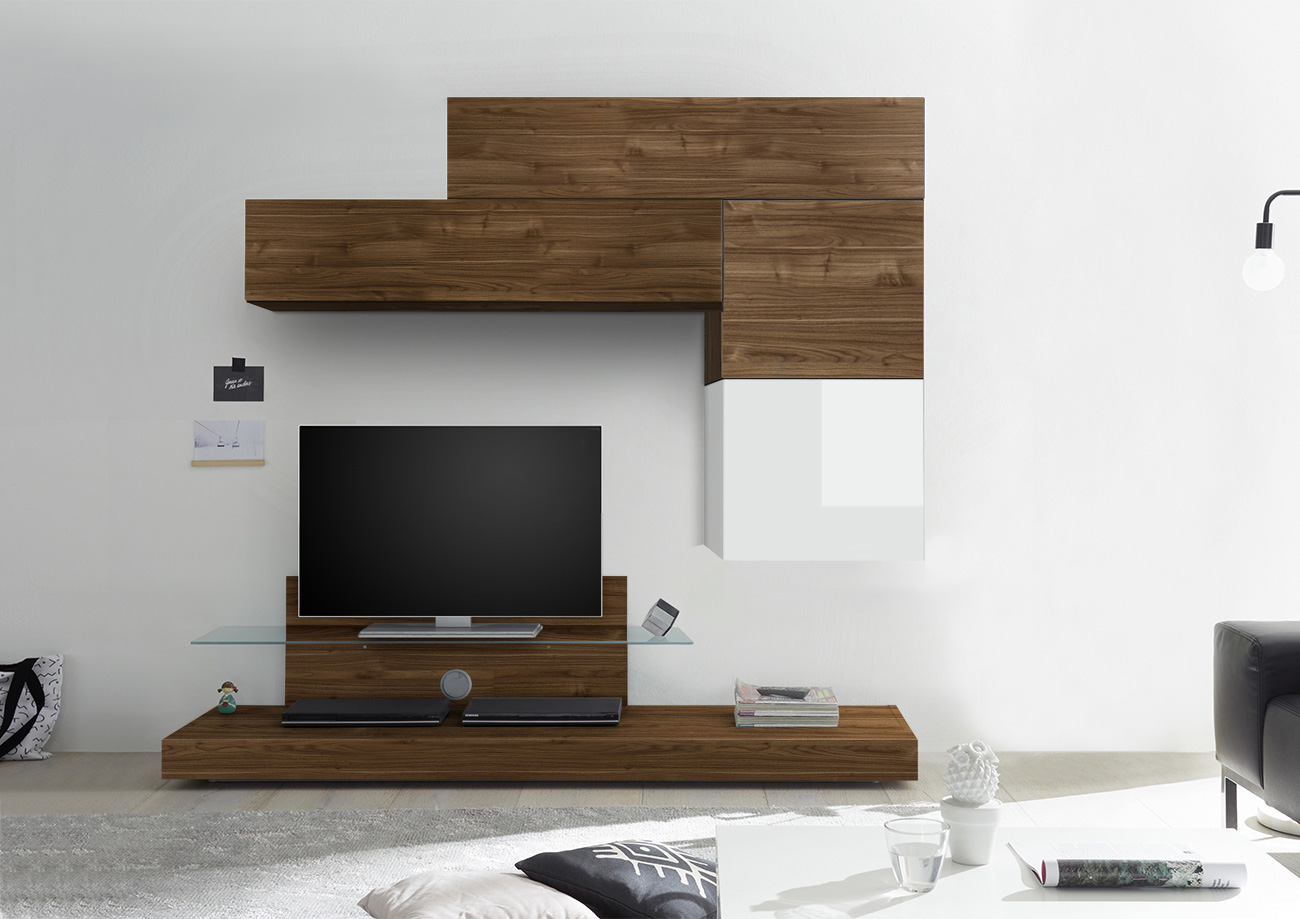Parete attrezzata con Porta TV, Pensili e Cubi, finitura Noce Dark e Bianco Lucido