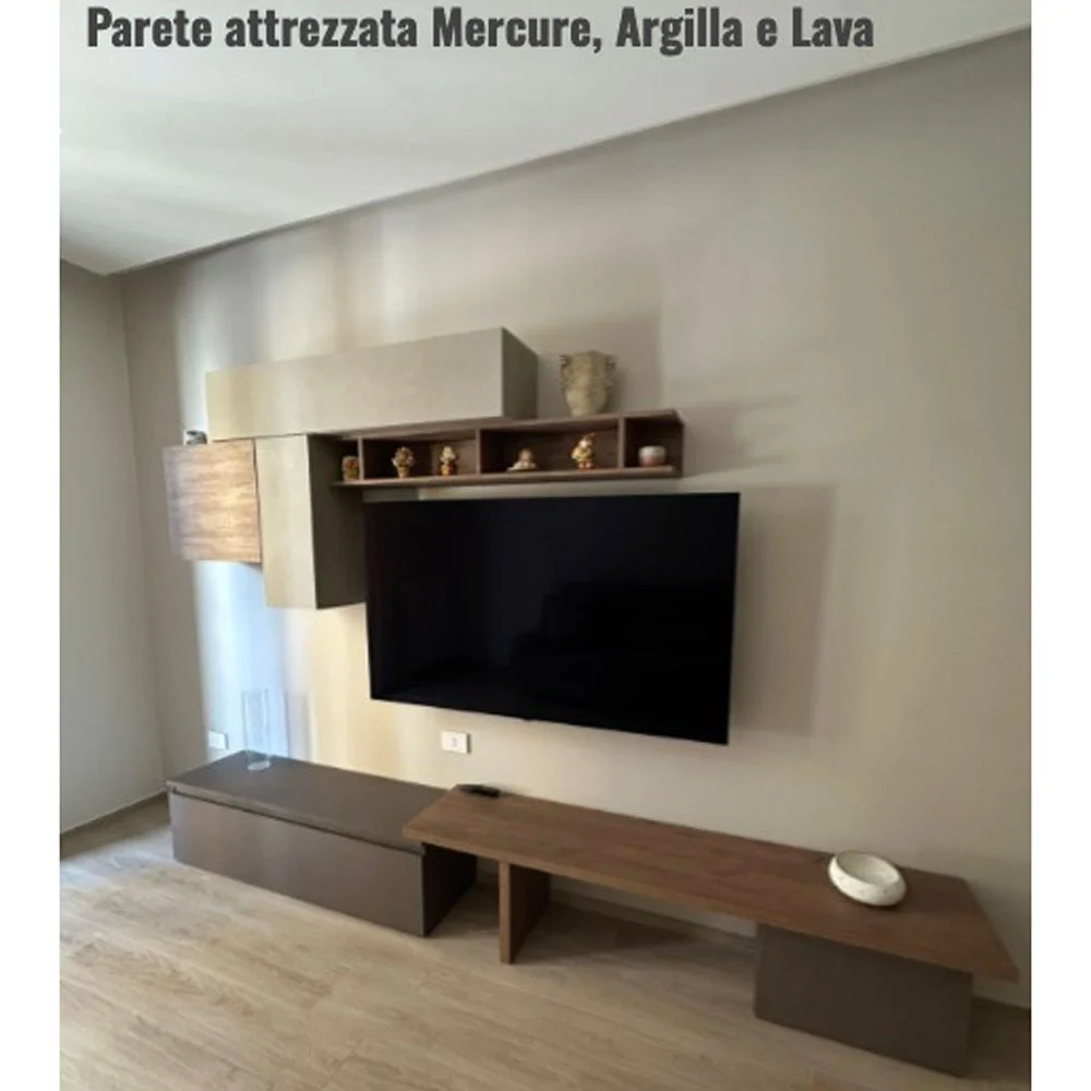 Acquista ora Parete Attrezzata Moderna 280x40x202 h cm, Mercure cannettato, Argilla e Lava, collezione Logica