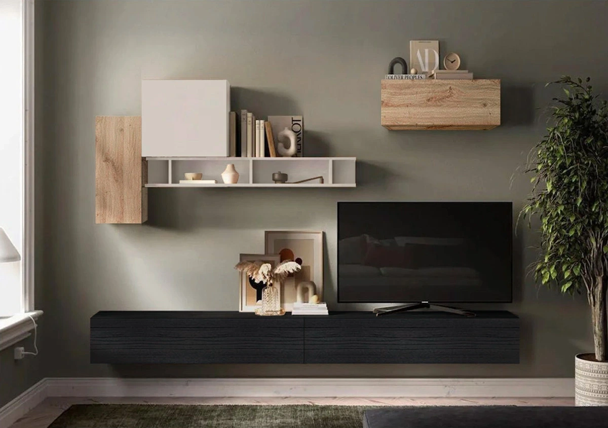 Parete Attrezzata sospesa Nero frassinato, Cashmere e Cadiz