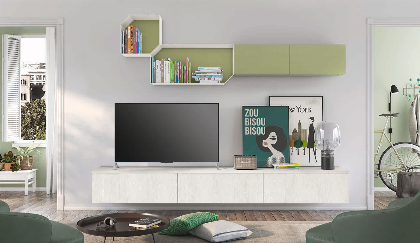 Parete attrezzata Verde oliva e Rovere bianco, sospesa