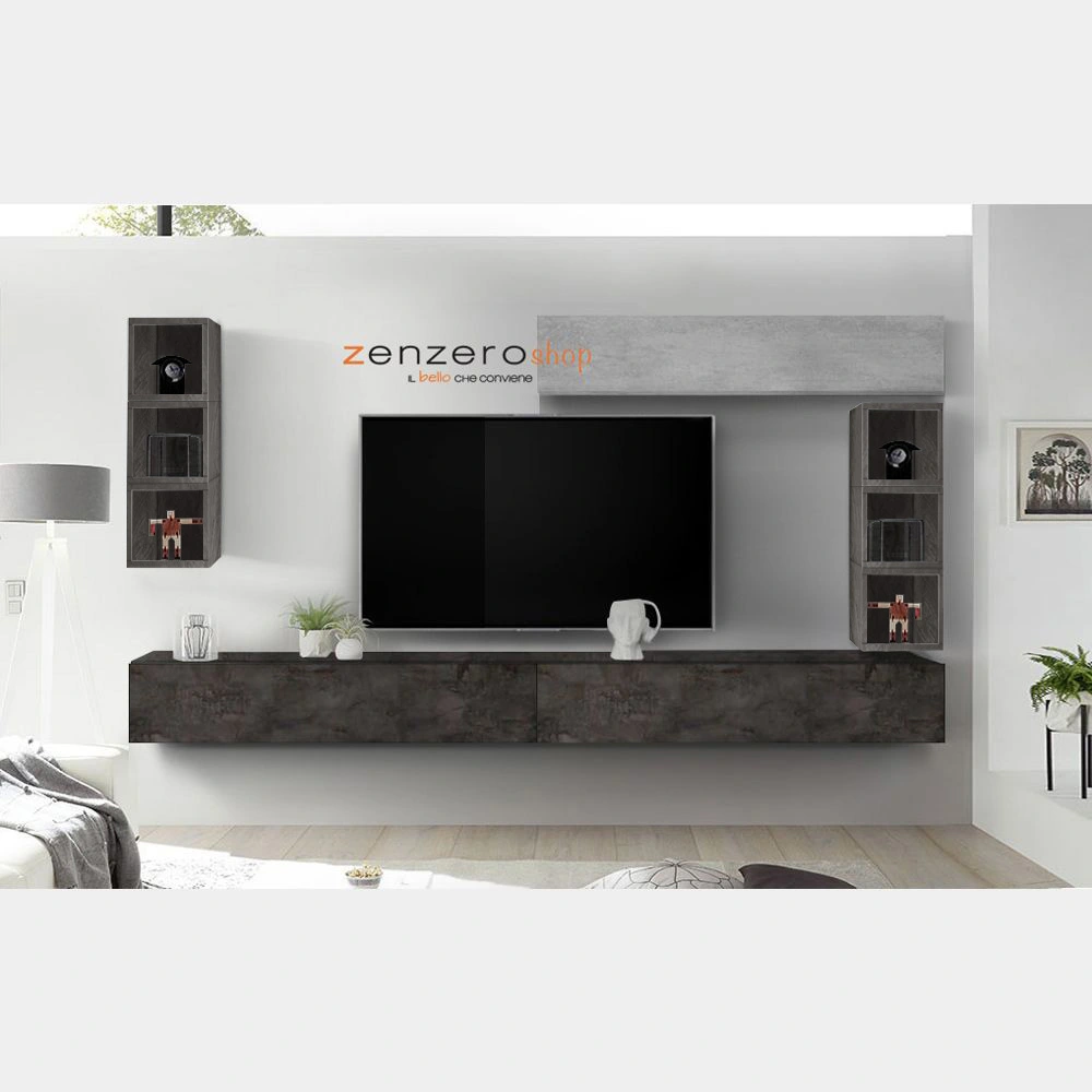 Parete attrezzata sospesa, 6 vani a giorno, finitura Beton e Piombo