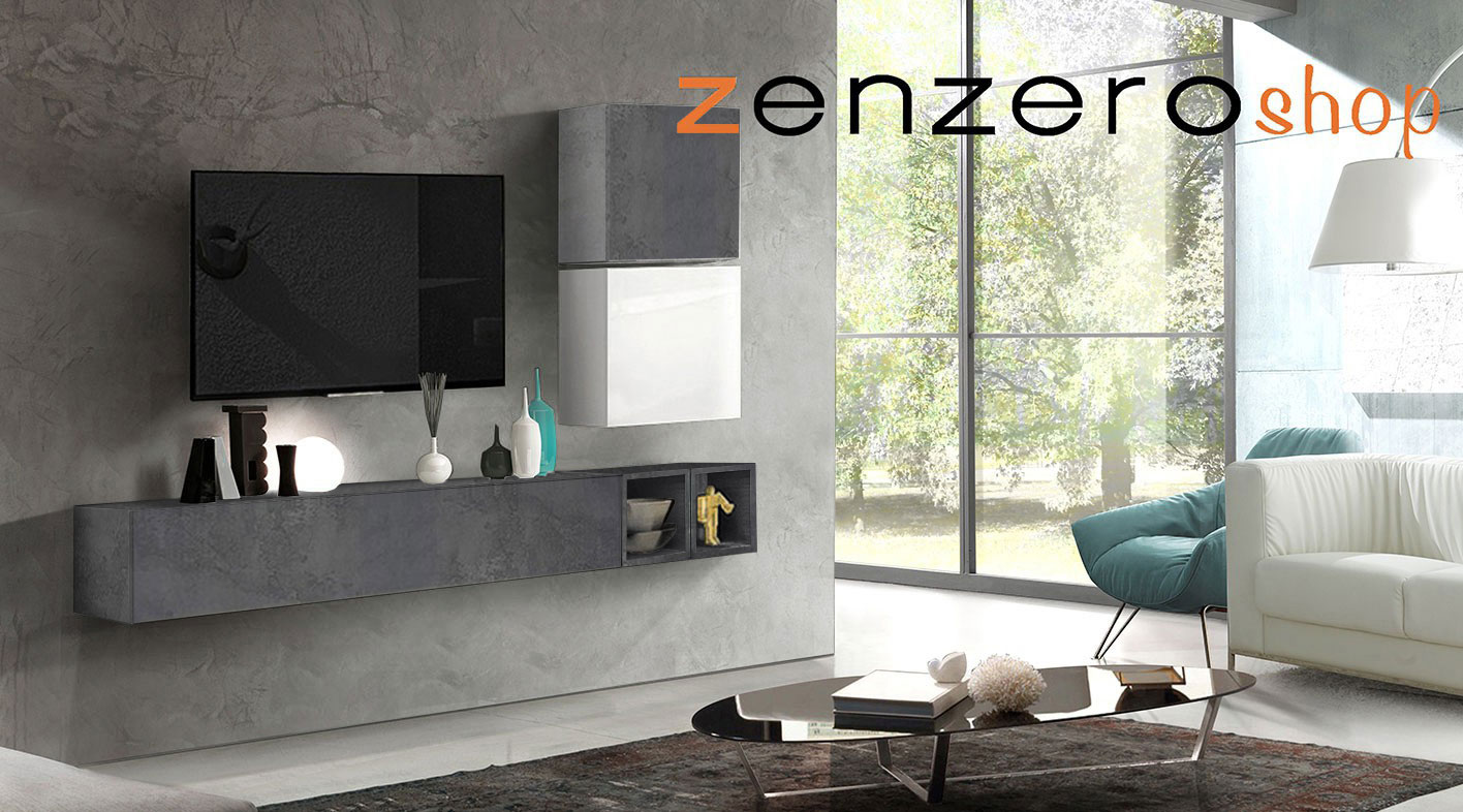 Soggiorno Zenzero moderno, parete attrezzata moderna con pensili in finitura Bianco Lucido, Ossido e Piombo