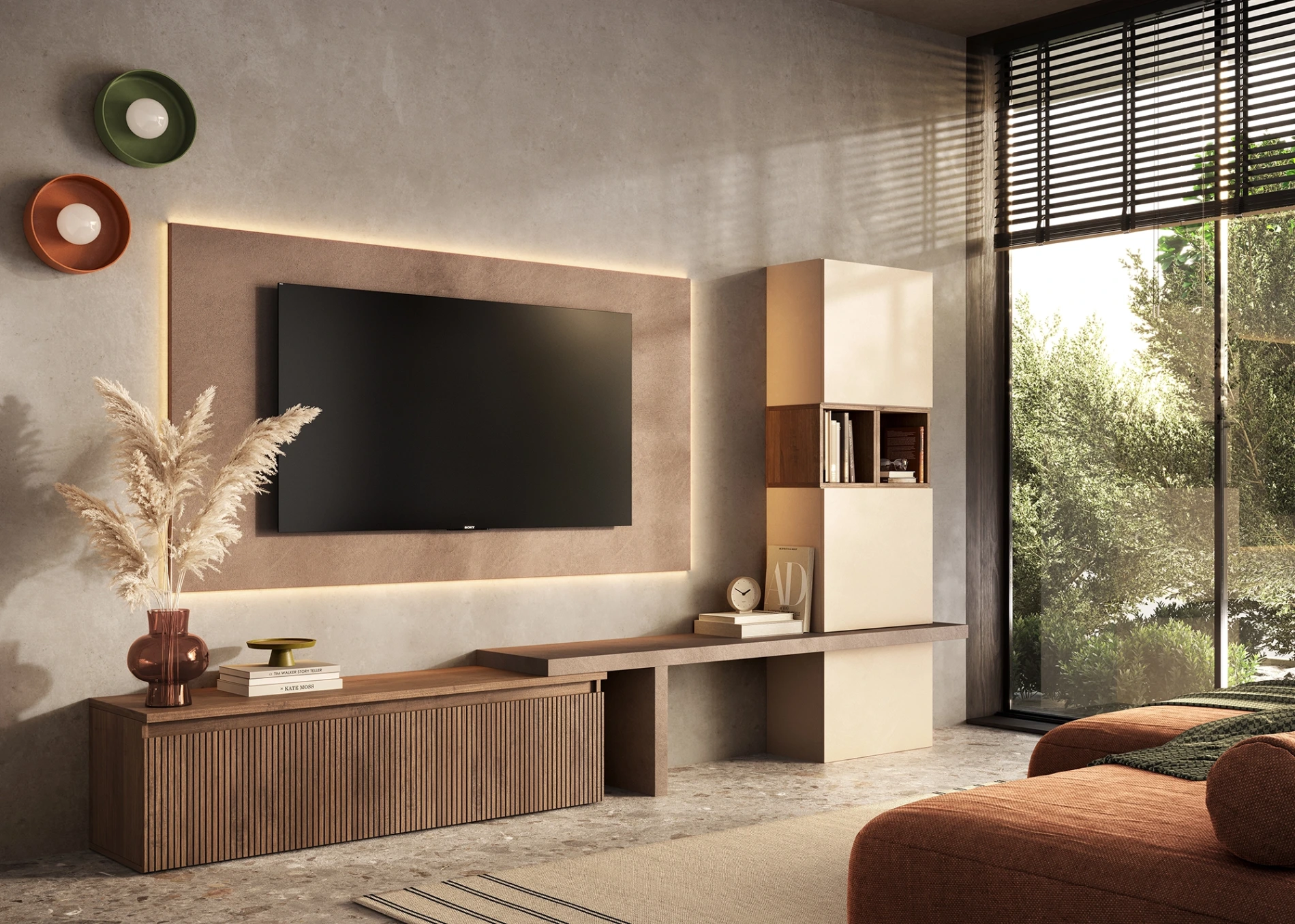 Parete attrezzata con pannello per tv, L.300 H.170 Mercure cannettato, Bronzo e Cashmere