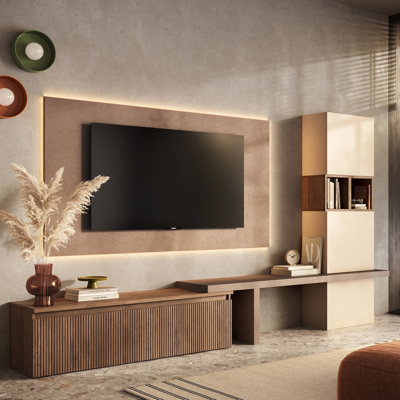 Parete attrezzata con pannello per tv, L.300 H.170 Mercure cannettato, Bronzo e Cashmere