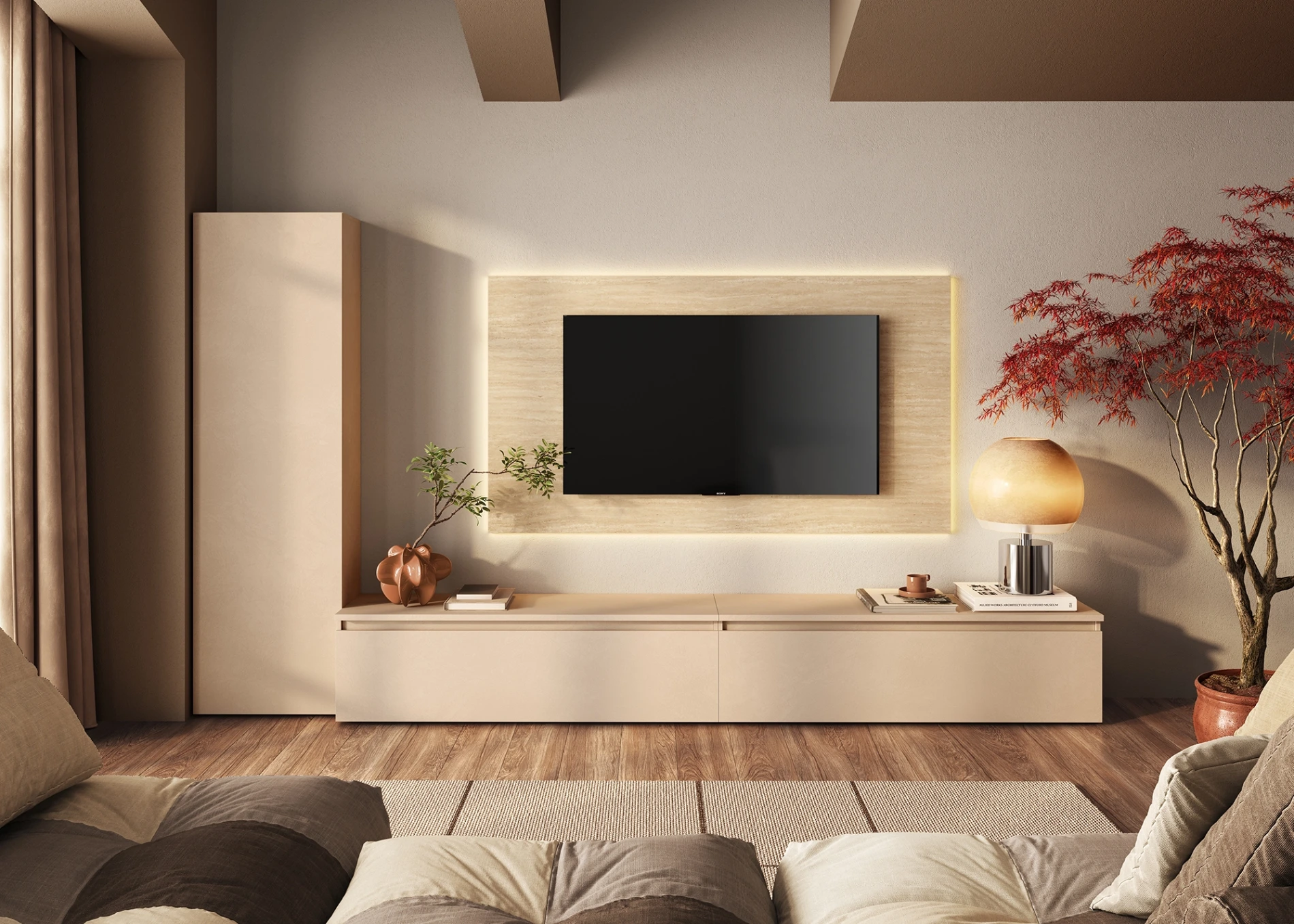 Parete attrezzata moderna con pannello tv, L.330 H.186, Cashmere e Travertino