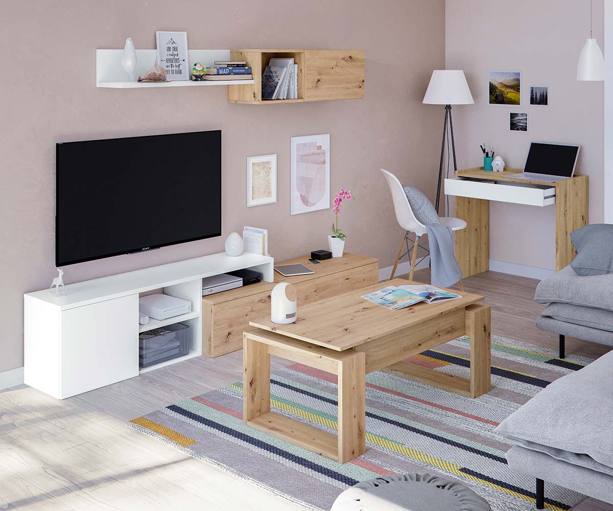 Parete attrezzata economica, finitura Bianco opaco e Rovere nodi