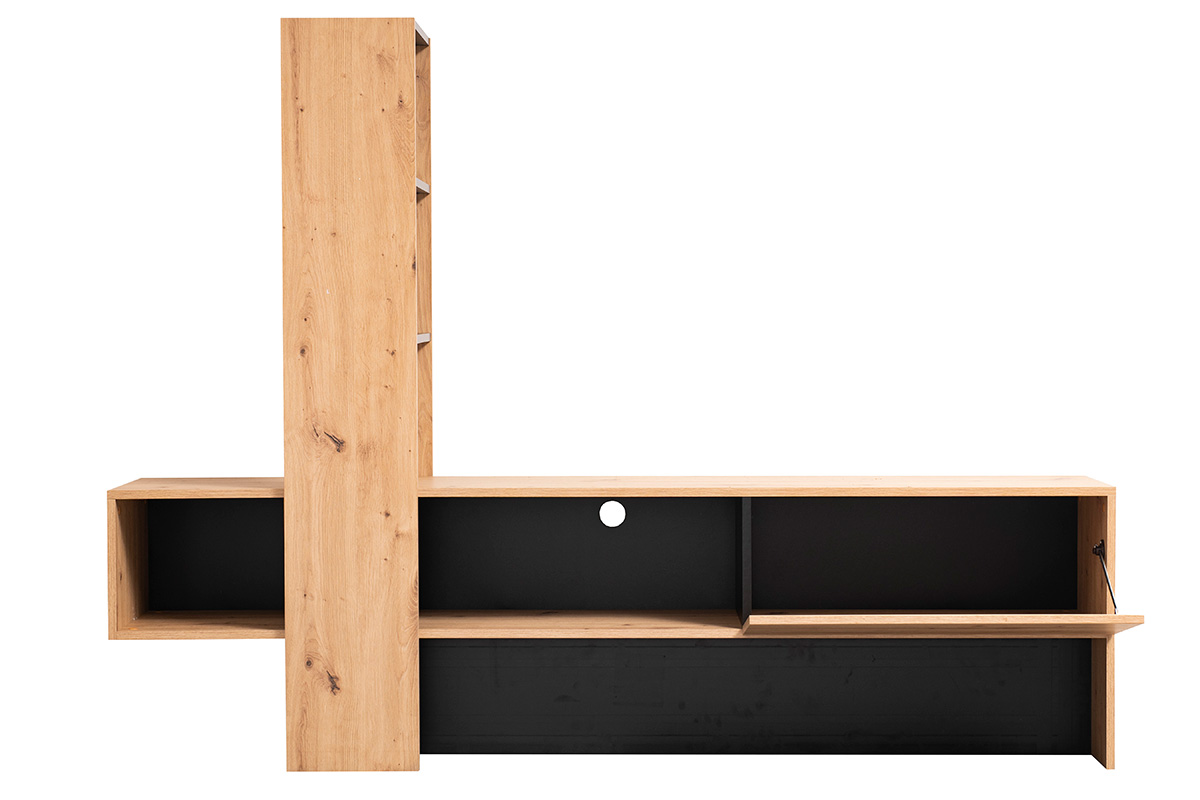 Parete attrezzata Cross, porta tv con libreria finitura Rovere e Nero