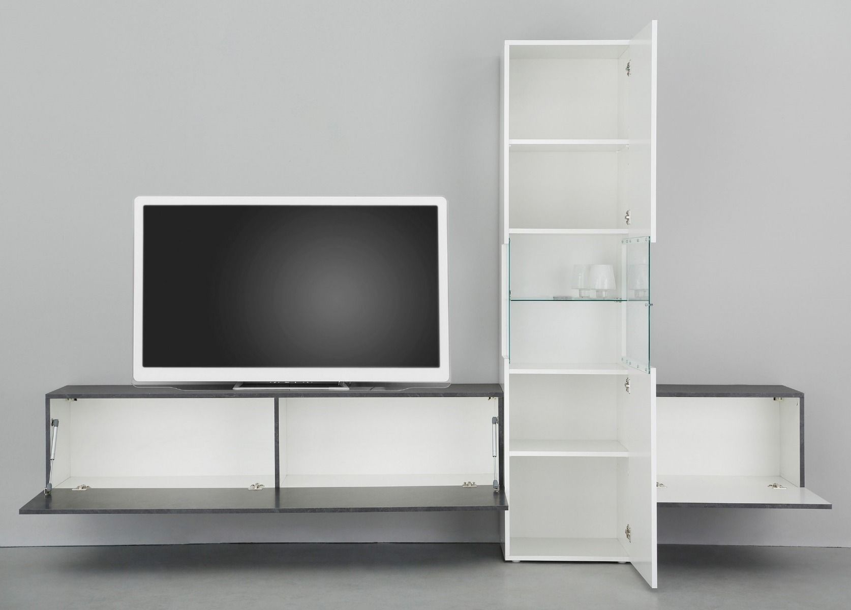 Parete attrezzata con vetrina, Sabbia lucido e Rovere Dark