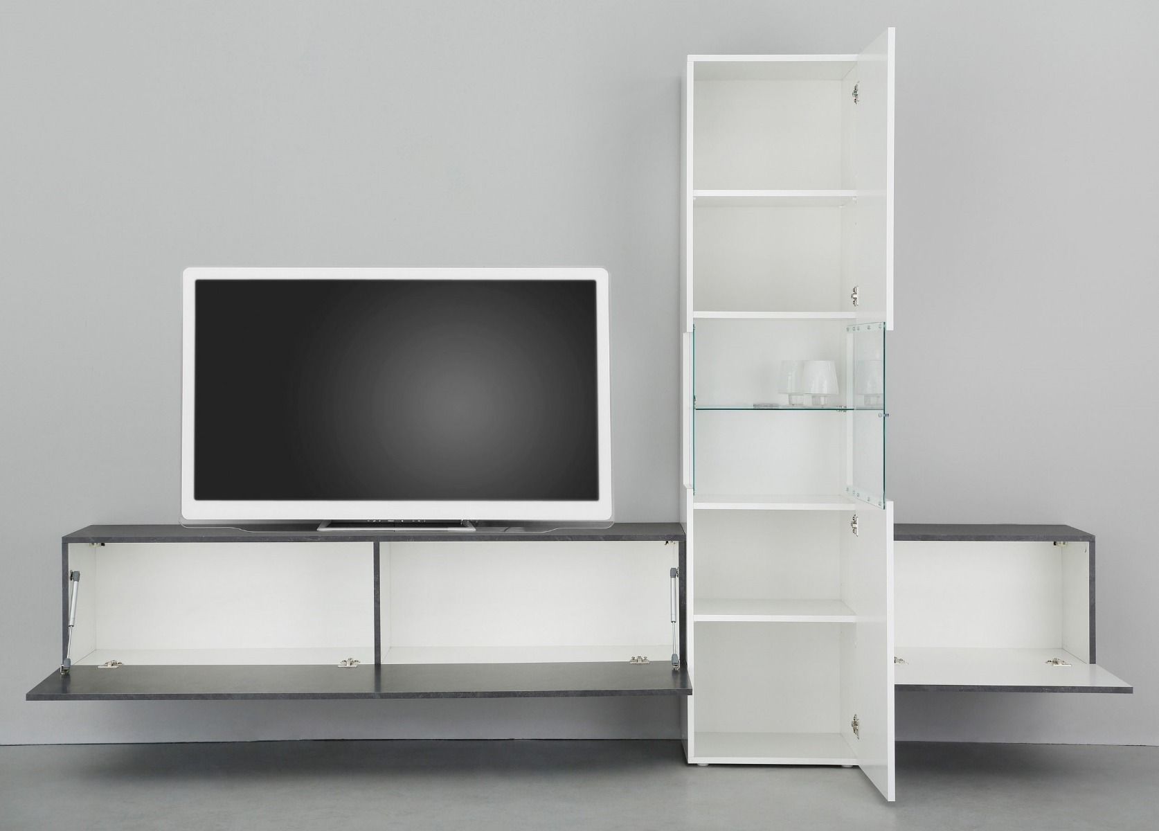 Parete attrezzata con vetrina, bianco lucido e Ardesia