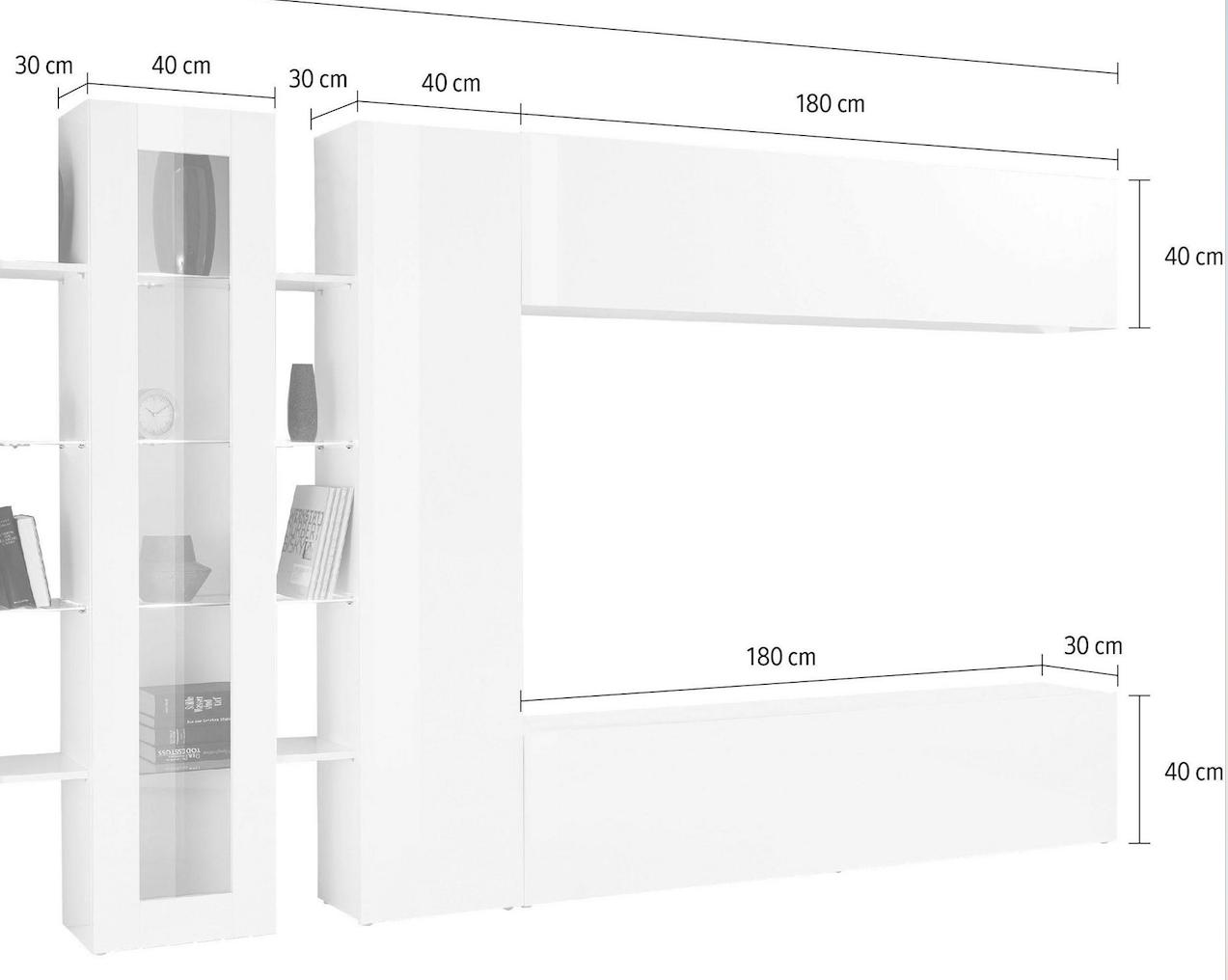 Soggiorno Zenzero, parete attrezzata con 2 pensili orizzontali e 1 vetrina laterale, finitura bianco lucido