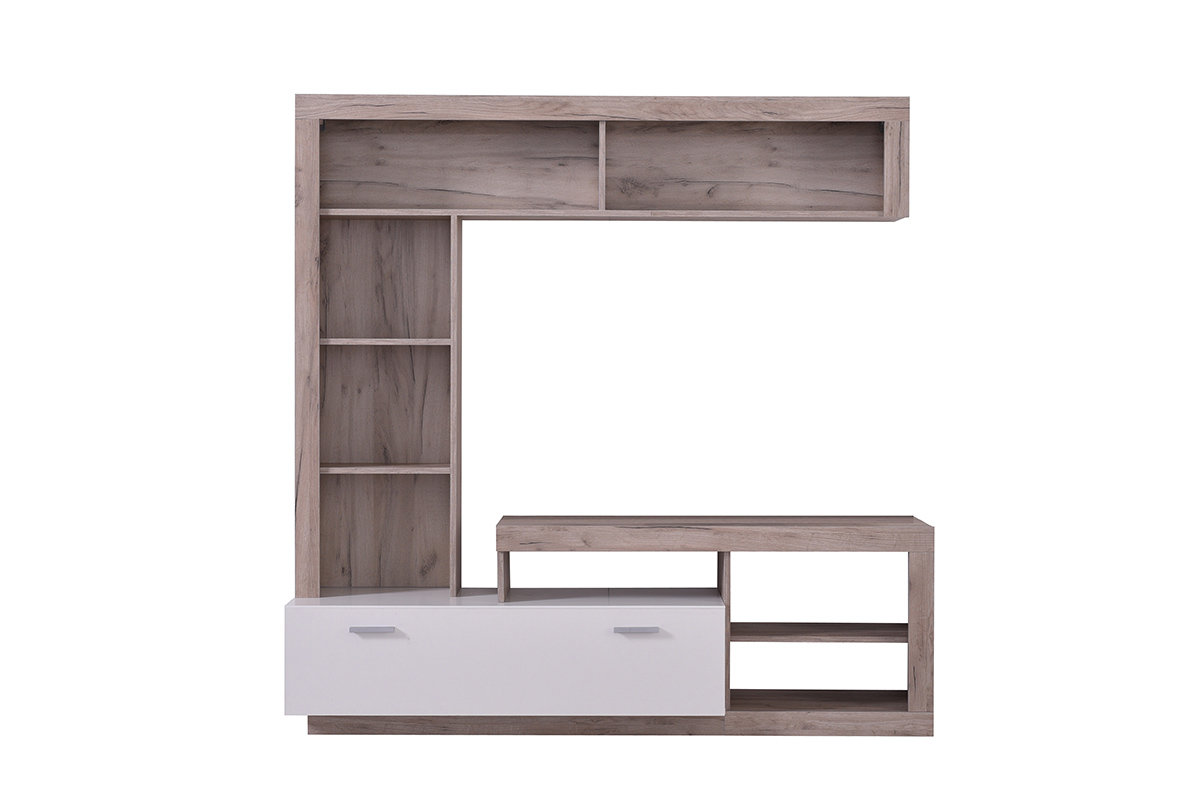 Parete attrezzata soggiorno, finitura Rovere grigio e Bianco opaco