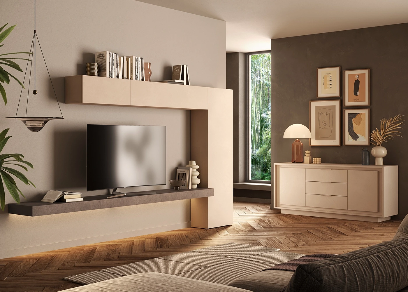 Parete attrezzata moderna, L.330 H.186, Bronzo e Cashmere