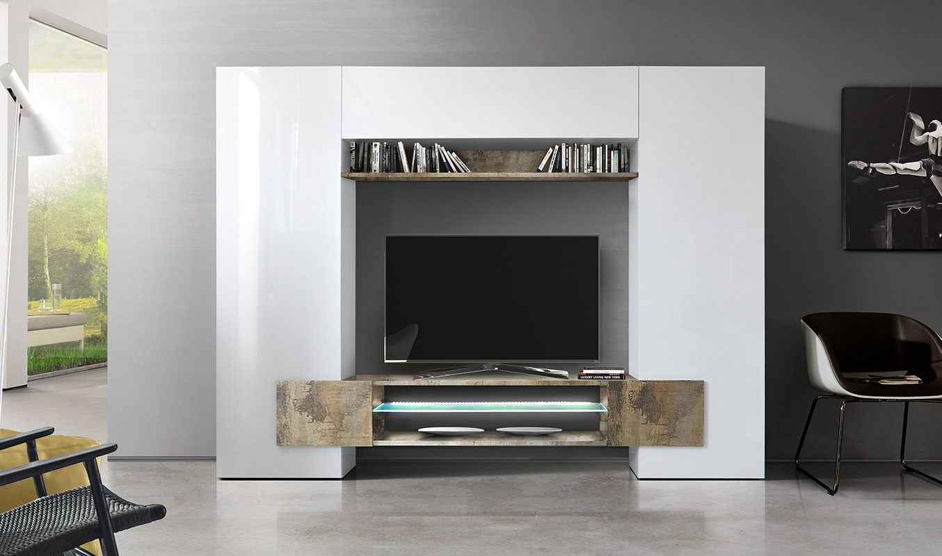 Soggiorno Zenzero, parete attrezzata Bianco Lucido e Pero