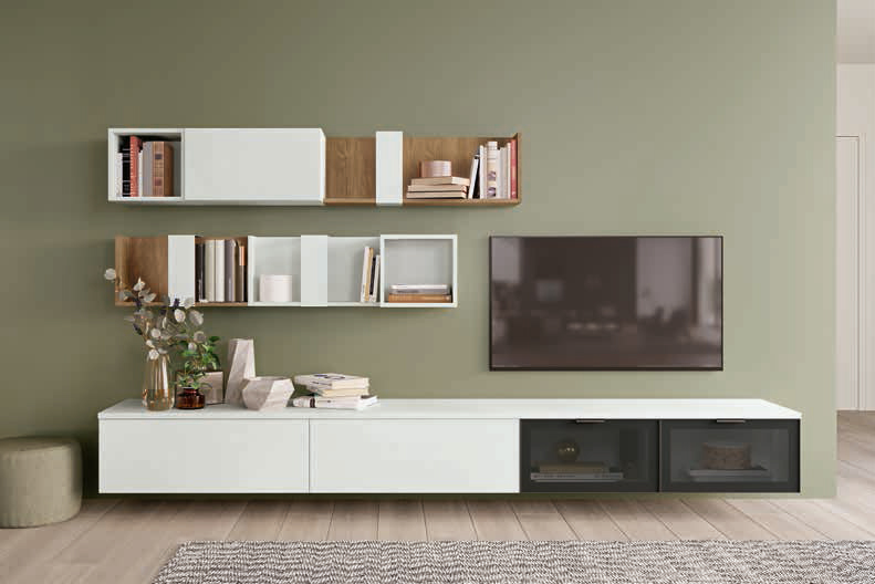 Parete attrezzata sala, finitura Cemento artico e Royal oak