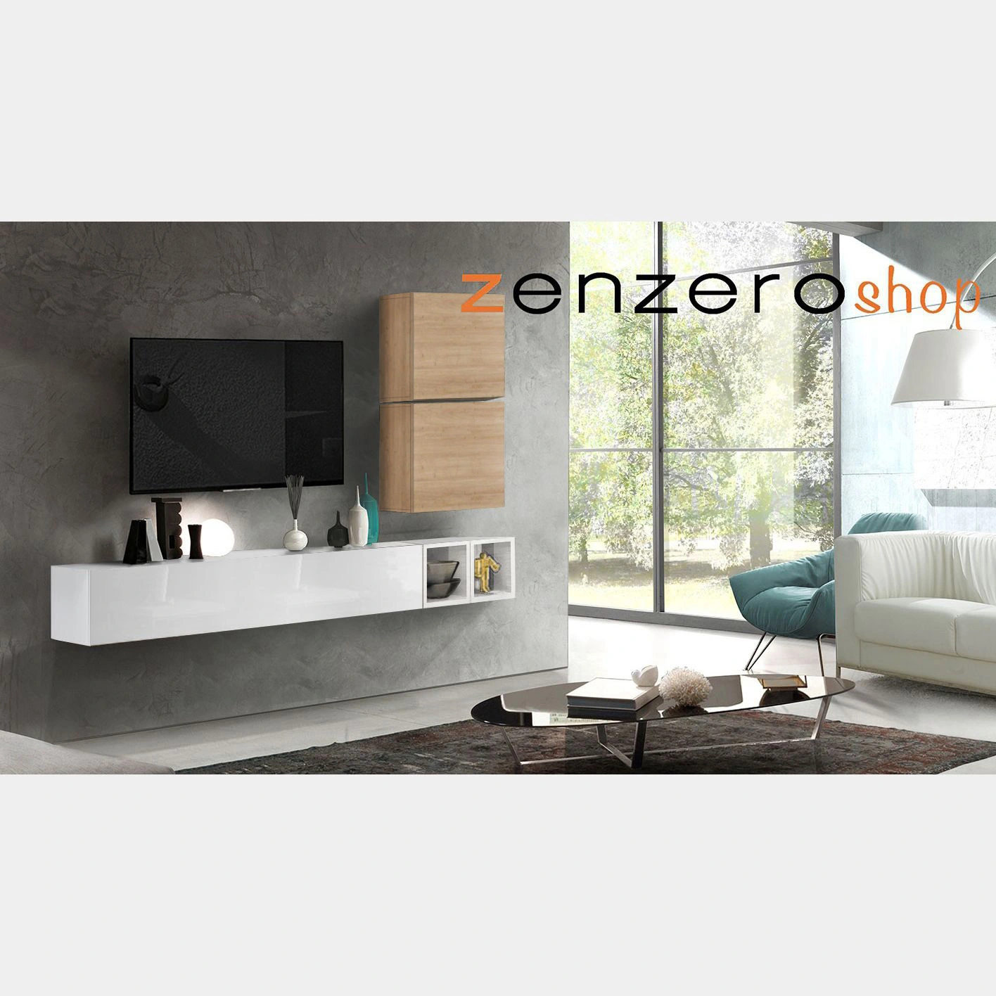 Soggiorno Zenzero moderno, parete attrezzata moderna con pensili in finitura Bianco lucido e Cadiz