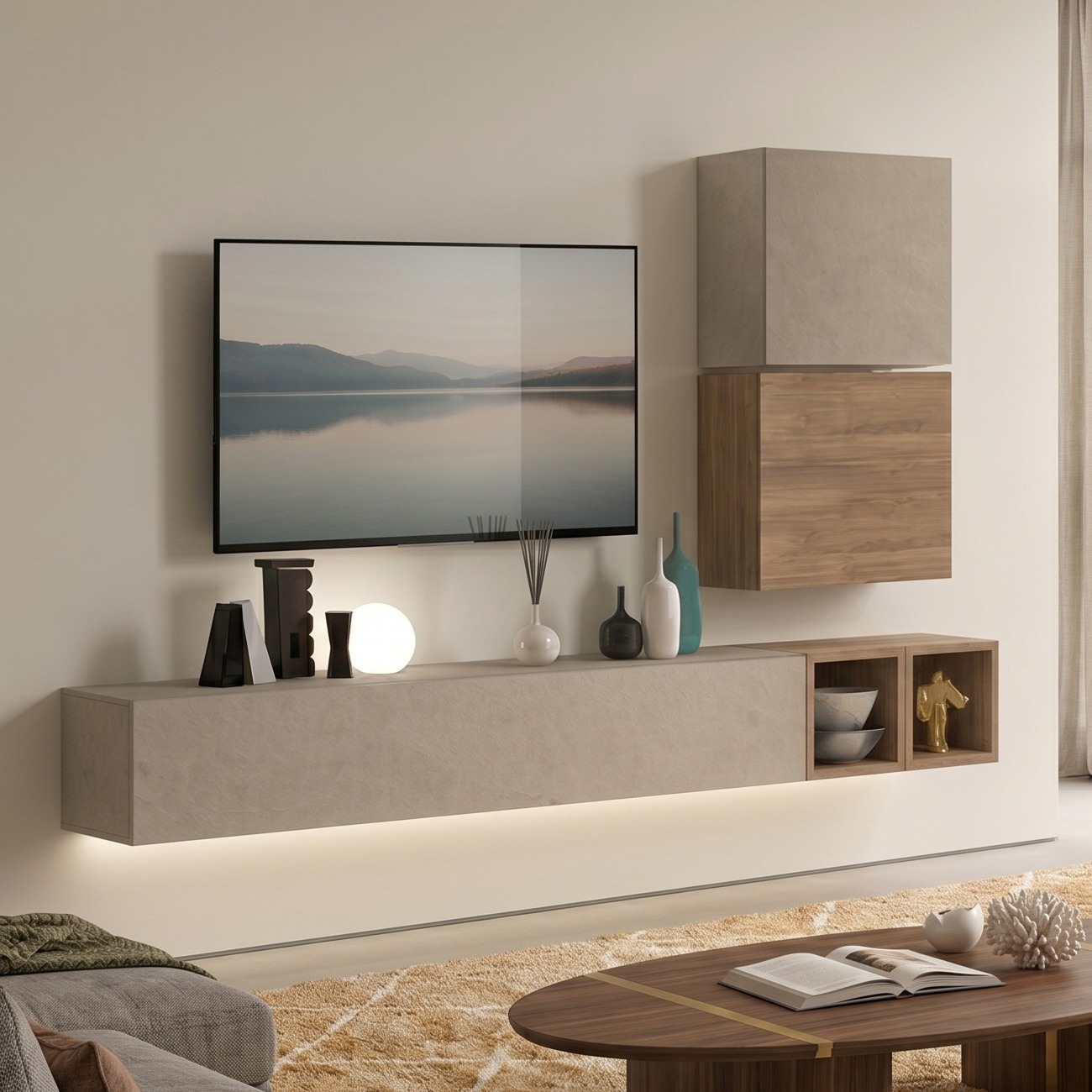 Soggiorno Zenzero moderno, parete attrezzata moderna con pensili, Argilla e Mercure
